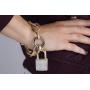 Steve Madden Womens Polished Rhinestone Lock Design Charm Link Tri-Tone Bracelet
