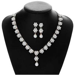 HapiBuy Crystal Pearl floral Design Wedding Jewelry Set Necklace and Earring for Women and Brides Gold Color