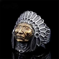 Oakky Mens 316L Stainless Steel Native American Indian Chief Headdresses Skull Biker Ring Punk
