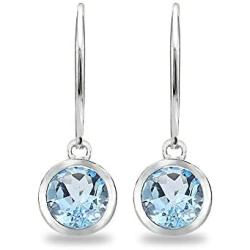 Sterling Silver Genuine or Synthetic Gemstone 6mm Round Bezel-Set Dangle Leverback Earrings