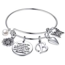 IEFSHINY Sunflower Charm Bracelets for Women Girls, Stainless Steel Expandable Bangle Bracelets Engraved Letter Sunflower Butterfly Initial Charm Sunflower Bracelets Jewelry Gift