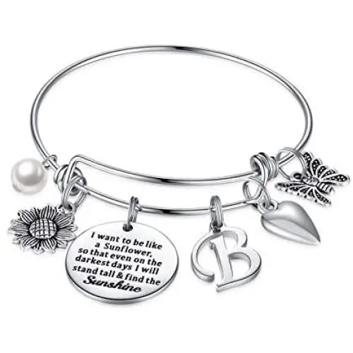 IEFSHINY Sunflower Charm Bracelets for Women Girls, Stainless Steel Expandable Bangle Bracelets Engraved Letter Sunflower Butterfly Initial Charm Sunflower Bracelets Jewelry Gift