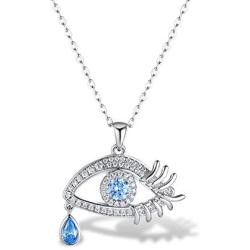 DIOFRG S925 Sterling Silver Protective Evil Eye Teardrop Necklace Natural Blue Cubic Zirconia Pendant for Women Girls Good Lucky Gifts Jewelry