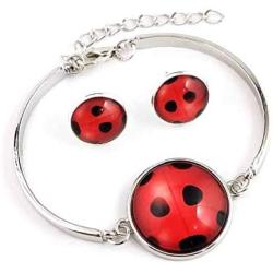 Red Ladybug Insect Earring Necklace Bracelet Set