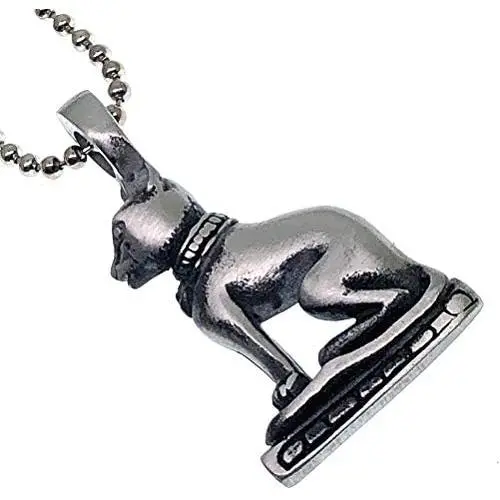 Egyptian Jewelry Pagan Wicca Bastet Bast Goddess Cat Kitty Pewter Mens Womens pendant necklace Amulet for men women unisex Charm w Silver ball chain