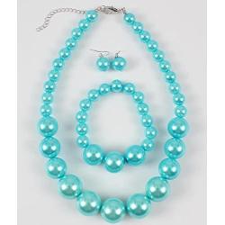 Shineland Simple Large Big Simulated Pearl Statement Necklace Bracelet and Earrings Jewelry Set (Teal)