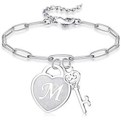 Jewenova Heart Initial Bracelets For Women 26 Letters Engraved Charm Bracelets For Women Stainless Steel Alphabet Bracelet with Cute Key Birthday Valentines Day Jewelry Gift For Girlfriend