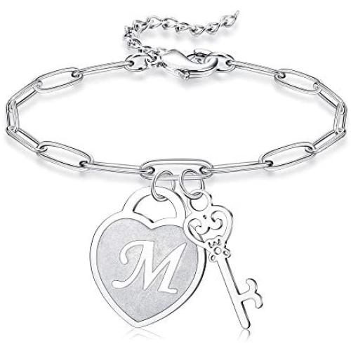 Jewenova Heart Initial Bracelets For Women 26 Letters Engraved Charm Bracelets For Women Stainless Steel Alphabet Bracelet with Cute Key Birthday Valentines Day Jewelry Gift For Girlfriend