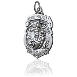 Saint Michael the Archangel Protect Us Shield Medal Pendant in 925 Sterling Silver
