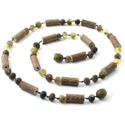 TipTopEco Unpolished Baltic Amber and Hazelwood Necklace for Adults - 17.7 Inches Long - Raw Green Beads