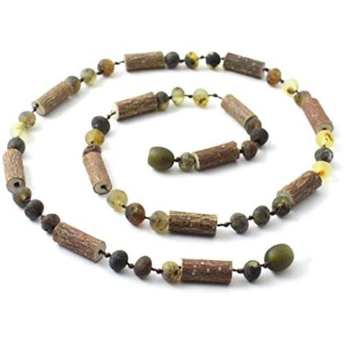 TipTopEco Unpolished Baltic Amber and Hazelwood Necklace for Adults - 17.7 Inches Long - Raw Green Beads