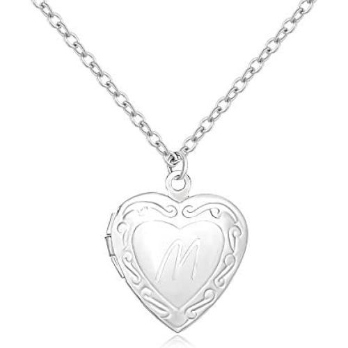 SENFAI Initial Alphabet Letter Heart Shaped Photo Frame Memory Locket Pendant Necklace 18 in