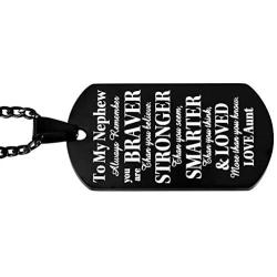 FAINOL Nephew Gifts from Aunt and Uncle - to Our Nephew, Always Remember You’re Braver Than You Believe. Black Dog Tag Necklace