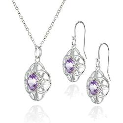 Sterling Silver Gemstone Cushion-Cut Celtic Knot Pendant Necklace and Dangle Earrings Set