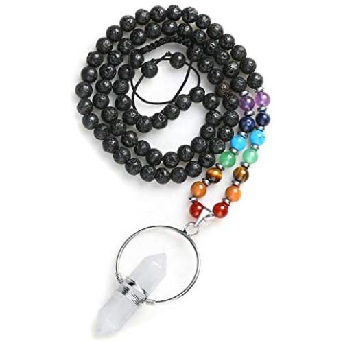 Top Plaza 7 Chakra Healing Crystal Natural Stone Beaded Necklace Silver Copper Wire Wrapped Stone Hexagonal Pendant Necklaces Yoga Meditation Reiki Jewelry for Women
