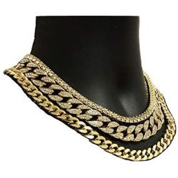 Time scent 14K Yellow Gold Plated Quavo Choker 20'' Cuban & 18'' Full Iced Cuban & 1 Row Tennis Chain Set