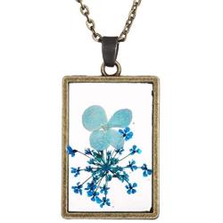 FM FM42 Bronze-tone Blue Pressed Flower Square Pendant Necklace with 19.68'' Chain FN4270