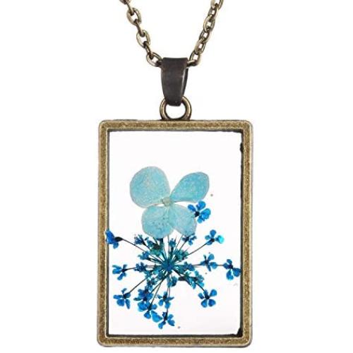 FM FM42 Bronze-tone Blue Pressed Flower Square Pendant Necklace with 19.68'' Chain FN4270