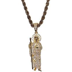 Shop-iGold Men Women 925 Italy Gold Finish Iced Silver Saint Jude Charm Ice Out Pendant Stainless Steel Real 2 mm Rope Chain Necklace, Mens Jewelry, Iced Pendant, Rope Necklace