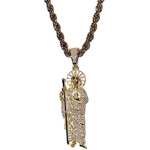 Shop-iGold Men Women 925 Italy Gold Finish Iced Silver Saint Jude Charm Ice Out Pendant Stainless Steel Real 2 mm Rope Chain Necklace, Mens Jewelry, Iced Pendant, Rope Necklace