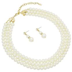 Rosemarie Collections Womens Multi Strand Classic 8mm Faux Pearl Necklace and Earrings Jewelry Set, 16''-19'' with 3'' Extender