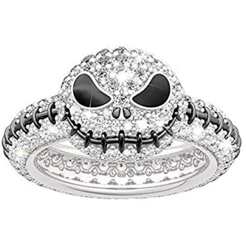 Jeulia Jack Skellington Rings Women Nightmare Before Christmas Skull Rings 925 Sterling Silver Halloween Jewelry Romantic Jewelry Gifts for Her Teen Girls CZ Solitare Engagement Rings Anniversary