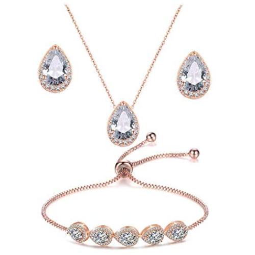 UDORA Zirconia Teardrop Necklace Earrings Bracelet Jewelry Set Wedding Party Prom