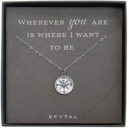 EFYTAL Girlfriend Gifts, 925 Sterling Silver Nellie Studded Compass Necklace for Wife, Birthday Necklaces, Anniversary Valentines Gift for Her