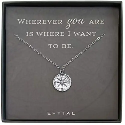 EFYTAL Girlfriend Gifts, 925 Sterling Silver Nellie Studded Compass Necklace for Wife, Birthday Necklaces, Anniversary Valentines Gift for Her
