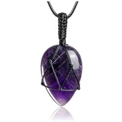 Top Plaza Natural Healing Crystals Teardrop Gemstone Necklace Adjustable Wrapped Stone Pendant Necklaces Reiki Quartz Jewelry for Mens Womens