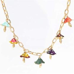 Cute Colorful Chunky Link Chian Enamal Mushroom Choker Necklace 14K Gold Plated Lovely Handmade Rainbow Vegetables Tassel Collar Necklace for Women Girl Plant Food Jewelry Gift