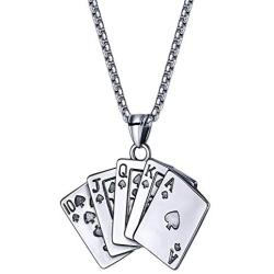 NC Punk Stainless Steel Playing Card Poker Tag Pendant Necklace for Women Men Girl Boy Lukcy Rock Ace of Spade Heart Royal Flush Games Chain Necklace Hip Hop Unisex Jewelry Gift