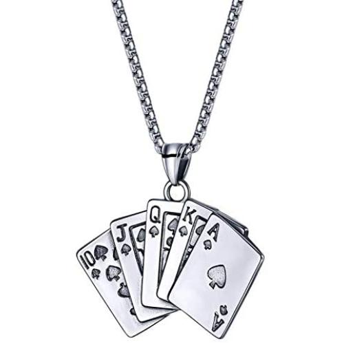 NC Punk Stainless Steel Playing Card Poker Tag Pendant Necklace for Women Men Girl Boy Lukcy Rock Ace of Spade Heart Royal Flush Games Chain Necklace Hip Hop Unisex Jewelry Gift