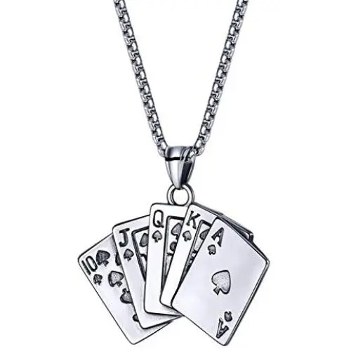 NC Punk Stainless Steel Playing Card Poker Tag Pendant Necklace for Women Men Girl Boy Lukcy Rock Ace of Spade Heart Royal Flush Games Chain Necklace Hip Hop Unisex Jewelry Gift