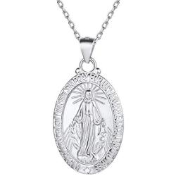 Nofade Silver Personalized Virgin Mary Necklace 925 Sterling Silver Religious Christian Jewelry Oval Medal Coin Pendant Necklace for Women Men