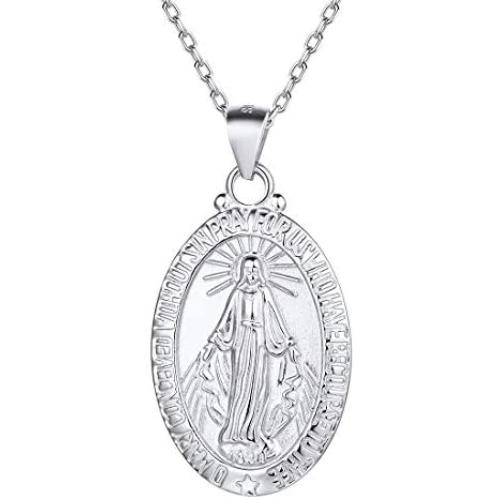Nofade Silver Personalized Virgin Mary Necklace 925 Sterling Silver Religious Christian Jewelry Oval Medal Coin Pendant Necklace for Women Men