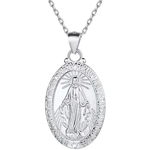 Nofade Silver Personalized Virgin Mary Necklace 925 Sterling Silver Religious Christian Jewelry Oval Medal Coin Pendant Necklace for Women Men