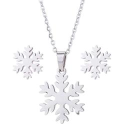 RUIZHEN Stainless Steel Snowflake Winter Flower Necklace Stud Earrings Jewelry Set Xmas Jewelry
