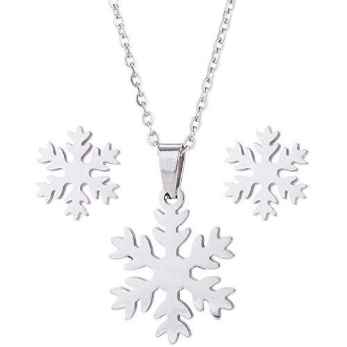 RUIZHEN Stainless Steel Snowflake Winter Flower Necklace Stud Earrings Jewelry Set Xmas Jewelry