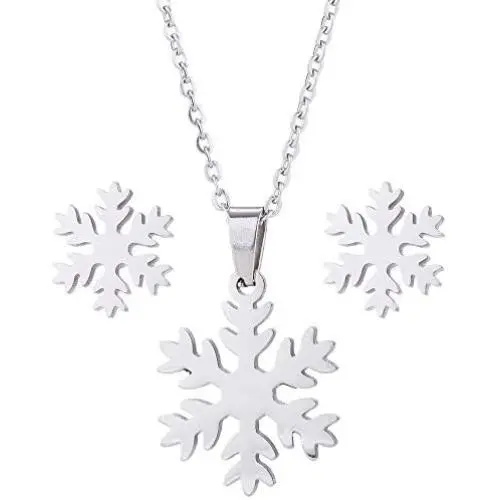 RUIZHEN Stainless Steel Snowflake Winter Flower Necklace Stud Earrings Jewelry Set Xmas Jewelry