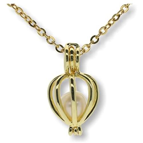 Pearlina Cultured Wish Pearl in Oyster Necklace Set Gold Plated Cage Locket w/ Stainless Steel Chain 18''