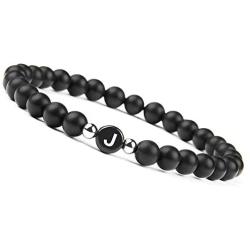 JOJOPANDA Matte Black Agate Beaded Bracelet Initial Letter Carved Natural Stone Elastic Bracelet 6mm Personalized Couple Gift