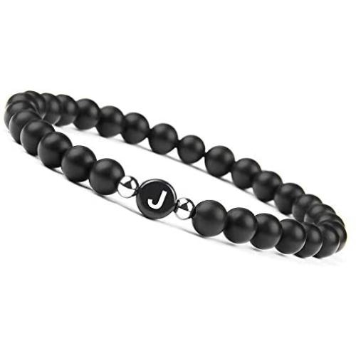 JOJOPANDA Matte Black Agate Beaded Bracelet Initial Letter Carved Natural Stone Elastic Bracelet 6mm Personalized Couple Gift