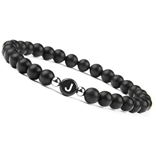 JOJOPANDA Matte Black Agate Beaded Bracelet Initial Letter Carved Natural Stone Elastic Bracelet 6mm Personalized Couple Gift