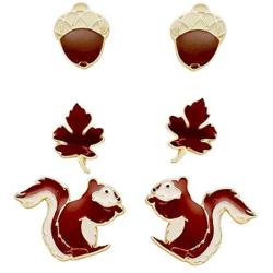 Rosemarie Collections Womens Set of 3 Favorite Stud Earrings Squirrel Acorn Leaf