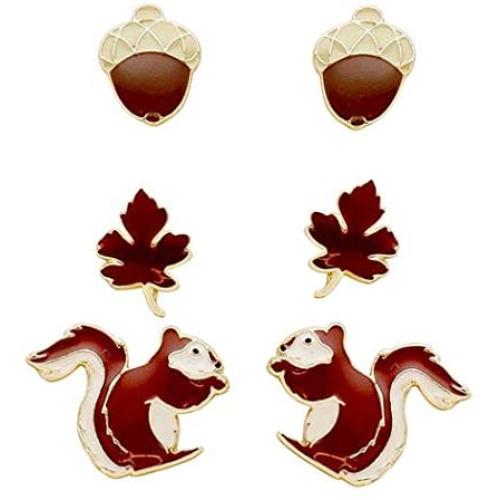 Rosemarie Collections Womens Set of 3 Favorite Stud Earrings Squirrel Acorn Leaf