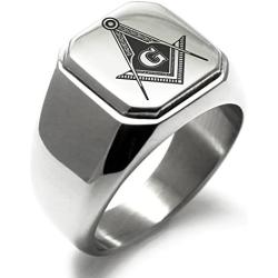 TIONEER Stainless Steel Signet Biker Rings for Men, Masonic Symbol Square Flat Top (Black, Gold, Silver), Size 7-16