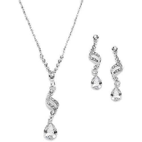 Mariell Graceful CZ and Crystal Necklace Earrings Set with Teardrops for Bridesmaids, Weddings & Prom