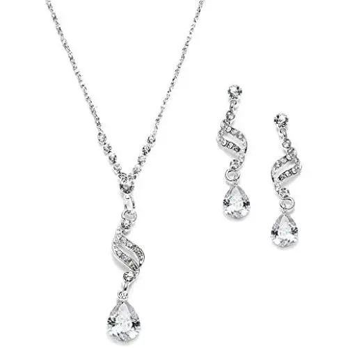 Mariell Graceful CZ and Crystal Necklace Earrings Set with Teardrops for Bridesmaids, Weddings & Prom