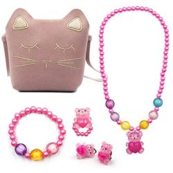 Childrens Play Jewelry Set, Little Girls Pink Purse for Kids Halloween Christmas Birthday Gift